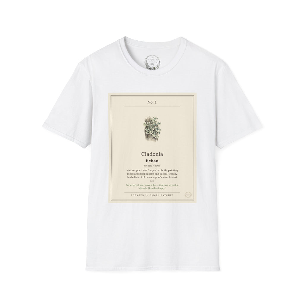The Herbanium Tee - January Lichen - botanical illustration printed on a soft short-sleeve tee