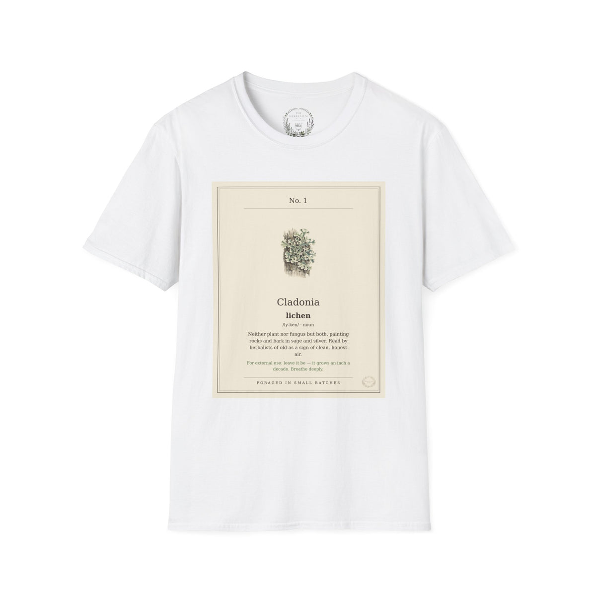 The Herbanium Tee - January Lichen - botanical illustration printed on a soft short-sleeve tee