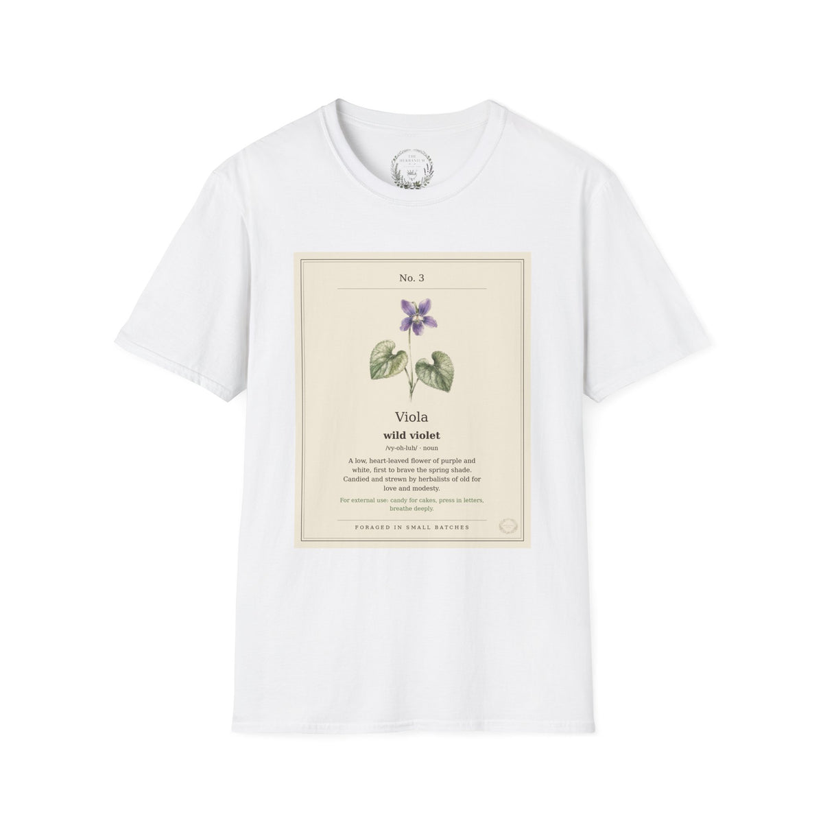 The Herbanium Tee - March Wild Violet - botanical illustration printed on a soft short-sleeve tee
