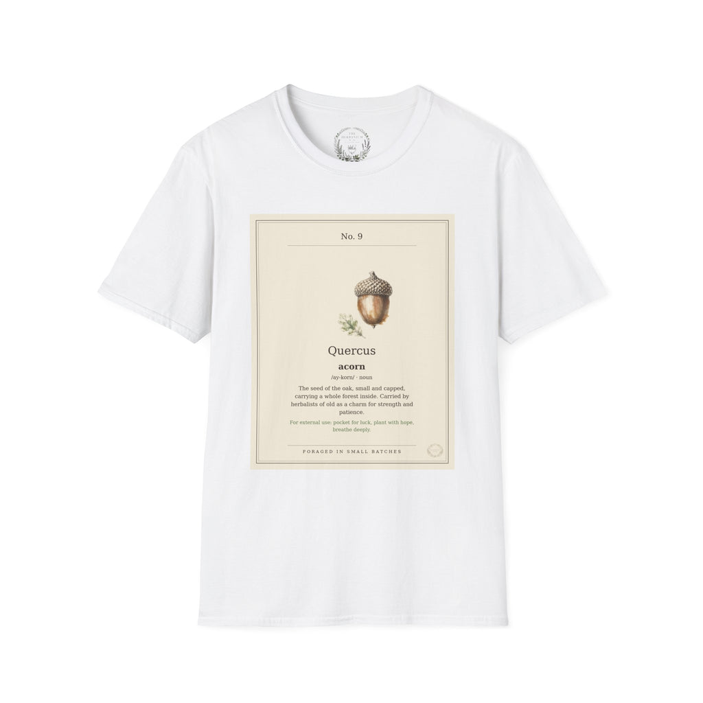 The Herbanium Tee - September Acorn - botanical illustration printed on a soft short-sleeve tee