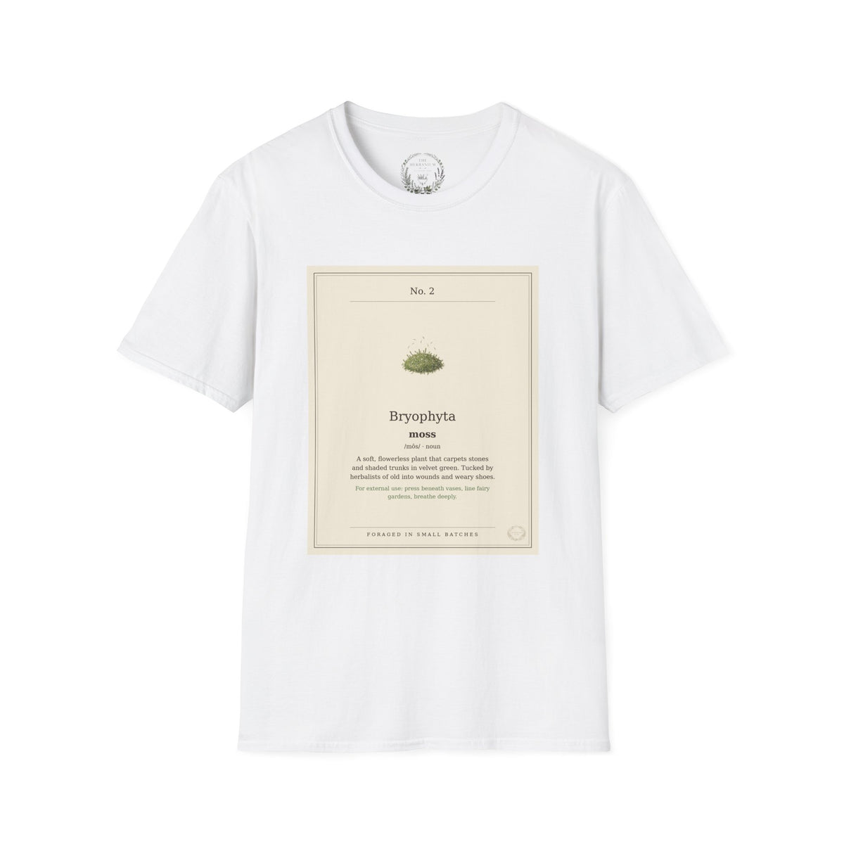 The Herbanium Tee - February Moss - botanical illustration printed on a soft short-sleeve tee