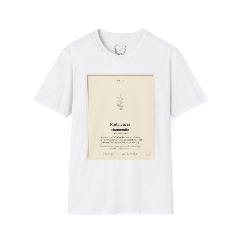 The Herbanium Tee - July Chamomile - botanical illustration printed on a soft short-sleeve tee