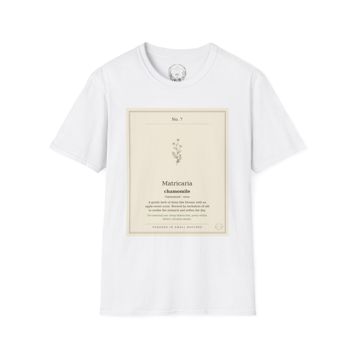 The Herbanium Tee - July Chamomile - botanical illustration printed on a soft short-sleeve tee