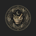 Apothecary of Thorns emblem: a mortar and pestle inside a wreath of black roses and thorns